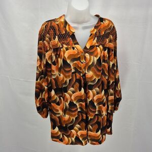 Notatations Abstract Print Blouse Boho-  Chic Top Roll-Tab Sleeves 2X NWOT......
